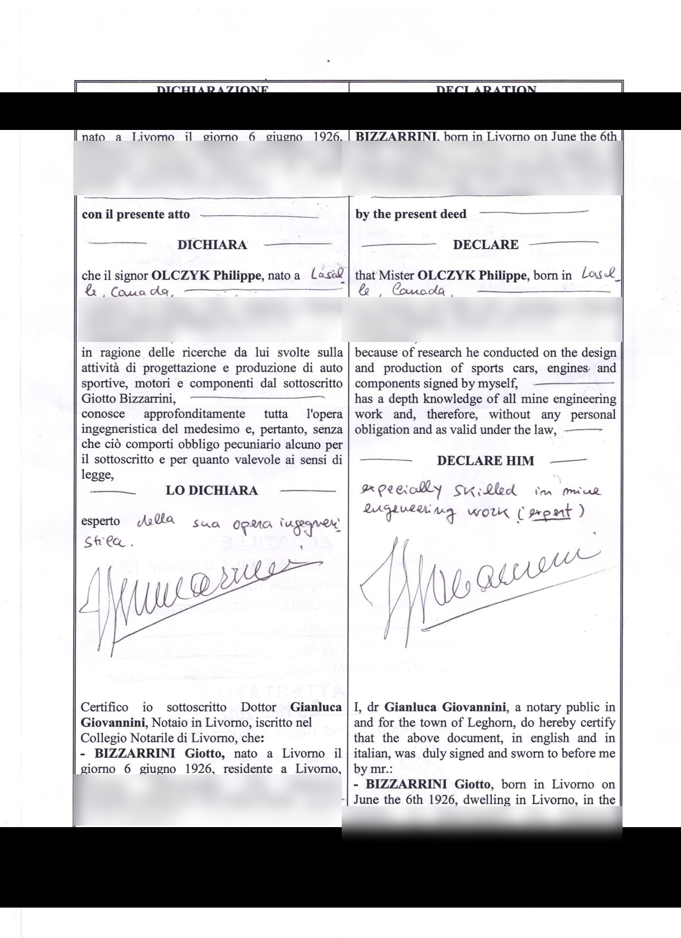 Acte notarié, 25 mai 2012 — déclaration bilingue italien / anglais.